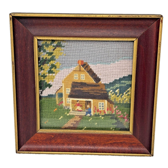Unbranded Other - VTG Framed Needlepoint Art House Porch Cottagecore Decor Early‎ American